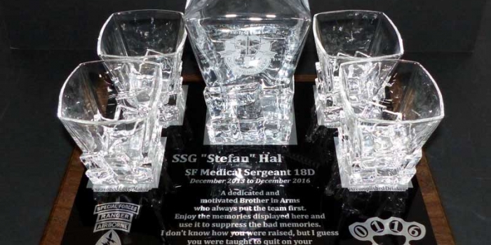 Engraved Glass Decanter on Aluminum Plaque