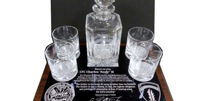 Crystal Glass Decanter Glasses Aluminum Plaque USAREUR Retirement Award Trophy Center Trophy Shop Frame Shop
