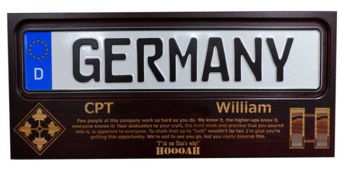 License Plate Plaque Dark Wood ( always available )Trophy Center Trophy Shop Kaiserslautern Ramstein Air Base Engraving Frame Shop Coins Stamps Embroidery Guidons Awards Plaques Engraver Graveur Gravur Sandra & Jochen Kulbick 3rd Generation of Professional Engravers Est. 1952