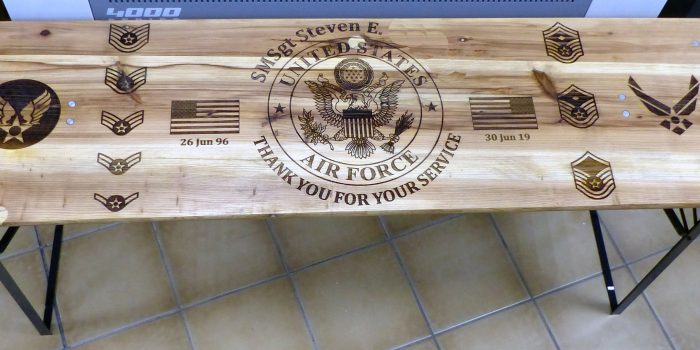 Beer Table Bench Regulars Table Full Engraved Engraving USAF Retired Retirement Gift only at the Fucking Awesome Trophy Center | Trophy Shop Kaiserslautern Ramstein Air Base Engraving Frame Shop Coins Stamps Embroidery Guidons Awards Plaques Engraver Graveur Gravur Graviert Eingraviert | Sandra & J.R. Kulbick 3rd Generation of Professional Engravers Est. 1952 | Only in Kaiserslautern-Einsiedlerhof underneath Hacienda Mexican Restaurant |