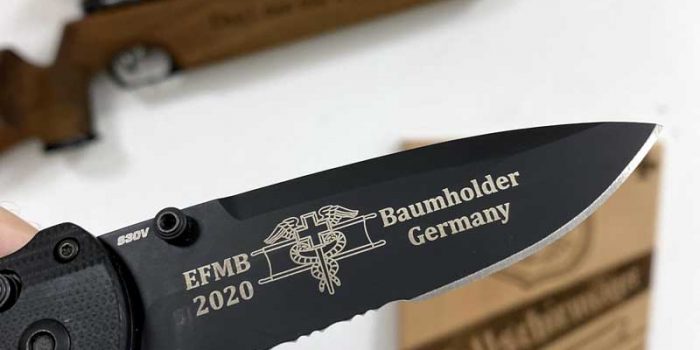 Knife Engraving | Trophy Center | ONLY in Kaiserslautern | Est. 1952 | Trophy Shop | 2 MILES FROM RAMSTEIN AIR BASE | GO OFF BASE TO THE AWESOME TROPHY CENTER | Engraving Challenge Coins Stamps Embroidery Guidons Awards Plaques Engraving Engraver Engraved Etched Signs Graveur Gravur Graviert Eingraviert | Stempel Gravuren Pokale Schilder | US Army | US Air Force AF Africa | USSF Space Force | KMCC | Nato | Bundeswehr | USAG RLP | Kaiserslautern-Einsiedlerhof underneath Hacienda Mexican Restaurant | Save Water…Drink more Beer |  Sandra Kulbick & J.R. Kulbick  |  E-Mail: info@trophy-center.de