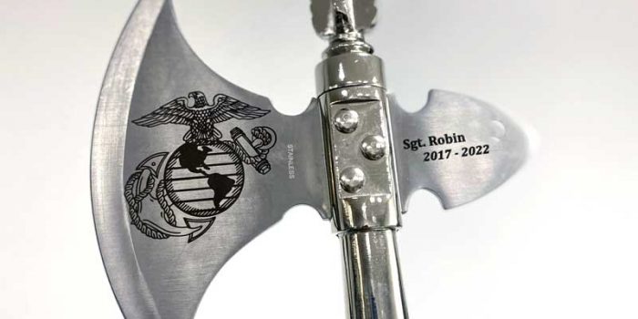 Axe USMC Engraved Engraving Etched | Trophy Center | ONLY in Kaiserslautern | Est. 1952 | Trophy Shop | 2 MILES FROM RAMSTEIN AIR BASE | GO OFF BASE TO THE AWESOME TROPHY CENTER | Engraving Challenge Coins Stamps Embroidery Guidons Awards Plaques Engraving Engraver Engraved Etched Signs Graveur Gravur Graviert Eingraviert | Stempel Gravuren Pokale Schilder | US Army | US Air Force AF Africa | USSF Space Force | KMCC | Nato | Bundeswehr | USAG RLP | Kaiserslautern-Einsiedlerhof underneath Hacienda Mexican Restaurant | Save Water…Drink more Beer |  Sandra Kulbick & J.R. Kulbick  |  E-Mail: info@trophy-center.de