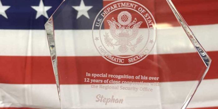 Glass Award U.S. Embassy Berlin Germany Diplomatic Security DS Regional Security Office  |  A Huge Helllllo to Matt  | Trophy Center | Trophy Shop | ONLY in Kaiserslautern-Einsiedlerhof underneath Hacienda Mexican Restaurant | 2 MILES FROM RAMSTEIN AIR BASE | Engraving Custom Made Coin Challenge Coins Stamps Embroidery Guidons Awards Plaques Trophies Engraving Engraver Engraved Etched Signs Graveur Gravur  | Stempel Gravuren Pokale Schilder | USAREUR-AF | USAFE  | Nato | Bundeswehr |  Sandra Kulbick & J.R. Kulbick  |  WE ARE NOT AFFILIATED WITH ANY STORES ON BASE  |  ONLY in K-TOWN  | We Are Awesome | E-Mail: info@trophy-center.de