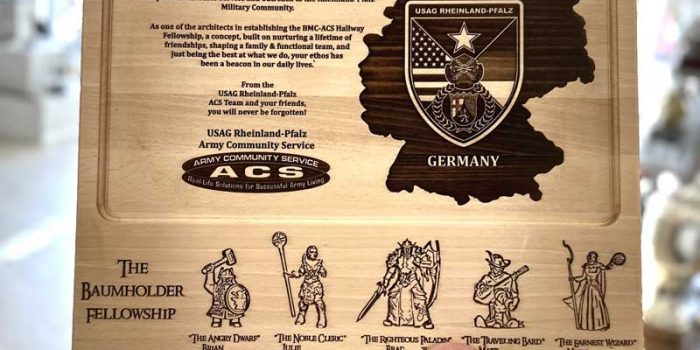 Town Board USAG RLP ACS The Baumholder Fellowship Edition | Trophy Center Kulbick | Trophy Shop | Engraving Shop | ONLY in Kaiserslautern-Einsiedlerhof underneath Hacienda Mexican Restaurant | 2 MILES FROM RAMSTEIN AIR BASE | Engraving Custom Made Coin Challenge Coins Stamps Embroidery Guidons Awards Plaques Trophies Engraving Plaque Shop Graveur Gravur  | Stempel Gravuren Pokale Schilder | USAREUR-AF | USAFE  AFAFRICA | Nato | USAFRICOM  |  AFRICOM  |  Airborne | Ranger |Special Forces Friendly | Bundeswehr | Zoll Abschiedsgeschenk |  Sandra Kulbick & J.R. Kulbick  |  WE ARE NOT AFFILIATED WITH ANY STORES ON BASE  |  ONLY in K-TOWN  | We Are Awesome | E-Mail: info@trophy-center.de
