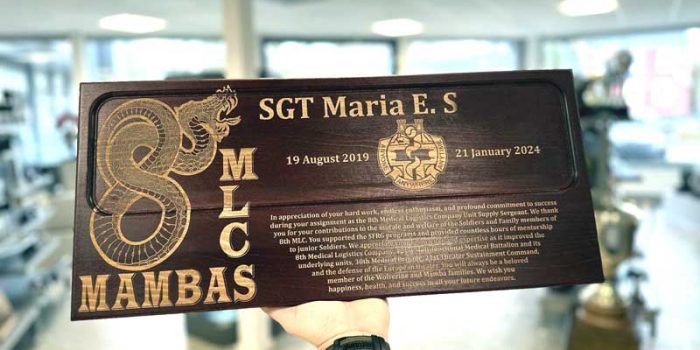 8th MLC Mambas 421 MMB 8th Medical Logistics Cpmpany 21st TSC Award License Plate Plaque Dark Wood by  | Trophy Center Kulbick | Trophy Shop | Engraving Shop | ONLY in Kaiserslautern-Einsiedlerhof underneath Hacienda Mexican Restaurant | 2 MILES FROM RAMSTEIN AIR BASE | Engraving Custom Made Coin Challenge Coins Stamps Embroidery Guidons Awards Plaques Trophies Engraving Plaque Shop Graveur Gravur  | Stempel Gravuren Pokale Schilder | USAREUR-AF | USAFE  AFAFRICA | Nato | USAFRICOM  |  AFRICOM  |  Airborne | Ranger |Special Forces Friendly | Bundeswehr | Zoll Abschiedsgeschenk |  Sandra Kulbick & J.R. Kulbick  |  WE ARE NOT AFFILIATED WITH ANY STORES ON BASE  |  ONLY in K-TOWN  | We Are Awesome | E-Mail: info@trophy-center.de