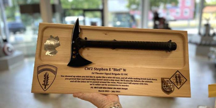 2d Theater Signal Brigade USAREUR AF 2nd Sig BDE Axe Award by Trophy Center KL  Mr. & Mrs. Kulbick  | Trophy Shop | Engraving Shop | ONLY in Kaiserslautern-Einsiedlerhof underneath Hacienda Mexican Restaurant | 2 MILES FROM RAMSTEIN AIR BASE | Going Away Gifts | PCS Awards | Engraved Etched Custom Made Coin Challenge Coins Stamps Guidons Awards Plaques USAREUR-AF | USAFE  AFAFRICA | EUCOM | AFRICOM | MARFOREUR | GPC Card Accepted | 889 Document available | WE ARE NOT AFFILIATED WITH ANY STORES ON BASE OR SOMEWHERE ELSE |  ONLY in K-TOWN  | We Are Awesome | E-Mail: info@trophy-center.de