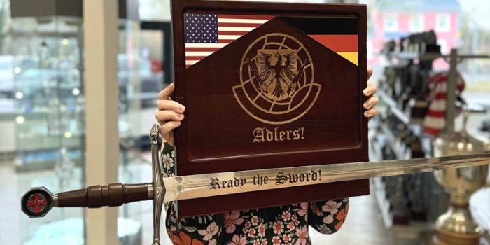 435 CRSS Plaque with engraved Sword with US German Flags by Trophy Center KL  Mr. & Mrs. Kulbick  | Trophy Shop | Engraving Shop | ONLY in Kaiserslautern-Einsiedlerhof underneath Hacienda Mexican Restaurant | 2 MILES FROM RAMSTEIN AIR BASE | Going Away Gifts | PCS Awards | Engraved Etched Custom Made Coin Challenge Coins Stamps Guidons Awards Plaques USAREUR-AF | USAFE  AFAFRICA | EUCOM | AFRICOM | MARFOREUR | GPC Card Accepted | 889 Document available | WE ARE NOT AFFILIATED WITH ANY STORES ON BASE OR SOMEWHERE ELSE |  ONLY in K-TOWN  | We Are Awesome | E-Mail: info@trophy-center.de