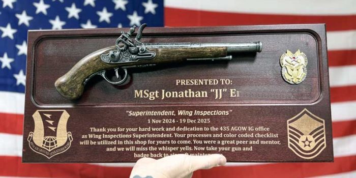 Pistol Plaque 435 AGOW USAFE MSgt E7 Gift by Trophy Center KL  Mr. & Mrs. Kulbick  | Trophy Shop | Engraving Shop | ONLY in Kaiserslautern-Einsiedlerhof underneath Hacienda Mexican Restaurant | 2 MILES FROM RAMSTEIN AIR BASE | Going Away Gifts | PCS Awards | Engraved Etched Custom Made Coin Challenge Coins Stamps Guidons Awards Plaques USAREUR-AF | USAFE  AFAFRICA | EUCOM | AFRICOM | MARFOREUR | GPC Card Accepted | 889 Document available | WE ARE NOT AFFILIATED WITH ANY STORES ON BASE OR SOMEWHERE ELSE |  ONLY in K-TOWN  | We Are Awesome | E-Mail: info@trophy-center.de