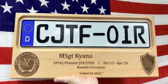 License Plate Plaque CJTF OIR Combined Joint Task Force Operation Inherent Resolve US Army CSIB Combat Serve ID Badge Central Command by Trophy Center KL  Mr. & Mrs. Kulbick  | Trophy Shop | Engraving Shop | ONLY in Kaiserslautern-Einsiedlerhof underneath Hacienda Mexican Restaurant | 2 MILES FROM RAMSTEIN AIR BASE | Going Away Gifts | PCS Awards | Engraved Etched Custom Made Coin Challenge Coins Patches Stamps Guidons Awards Plaques USAREUR-AF | USAFE  AFAFRICA | EUCOM | AFRICOM | USMC | Special Forces | Seal Team Friendly | GPC Card Accepted | 889 Document available | WE ARE NOT AFFILIATED WITH ANY STORES ON BASE OR SOMEWHERE ELSE |  ONLY in K-TOWN  | We Are Awesome | E-Mail: info@trophy-center.de