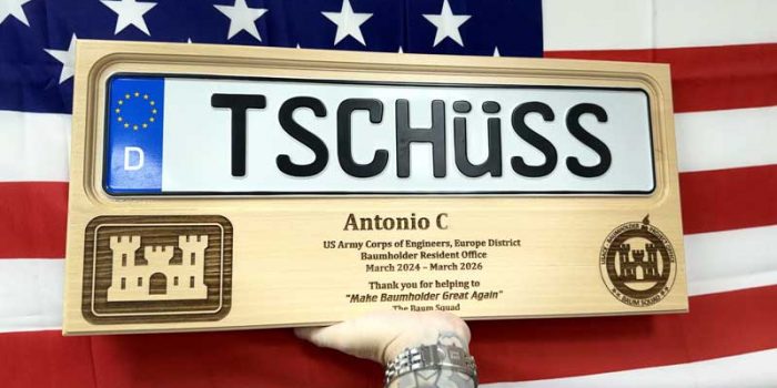 License Plate Plaque US Army Corps of Engineers Euripe Baumholder by Trophy Center KL  Mr. & Mrs. Kulbick  | Trophy Shop | Engraving Shop | ONLY in Kaiserslautern-Einsiedlerhof underneath Hacienda Mexican Restaurant | 2 MILES FROM RAMSTEIN AIR BASE | Going Away Gifts | PCS Awards | Engraved Etched Custom Made Coin Challenge Coins Patches Stamps Guidons Awards Plaques USAREUR-AF | USAFE  AFAFRICA | EUCOM | AFRICOM | USMC | Special Forces | Seal Team Friendly | GPC Card Accepted | 889 Document available | WE ARE NOT AFFILIATED WITH ANY STORES ON BASE OR SOMEWHERE ELSE |  ONLY in K-TOWN  | We Are Awesome | E-Mail: info@trophy-center.de