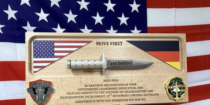 39th Movement Control Battalion Tuskers Plaque with engraved Knife by Trophy Center KL  Mr. & Mrs. Kulbick  | Trophy Shop | Engraving Shop | ONLY in Kaiserslautern-Einsiedlerhof underneath Hacienda Mexican Restaurant | 2 MILES FROM RAMSTEIN AIR BASE | Going Away Gifts | PCS Awards | Military Supply Store | We can order everthing for you | Engraved Etched Engravin Etching Trophies Custom Made Coin Challenge Coins Patches Stamps Guidons Awards Plaques USAREUR-AF | USAFE  AFAFRICA | AFRICOM | USMC | Special Forces Friendly | GPC Card Accepted | 889 Document available | WE ARE NOT AFFILIATED WITH ANY STORES ON BASE OR SOMEWHERE ELSE |  ONLY in K-TOWN  | We Are Awesome | Fast turnaround | E-Mail: info@trophy-center.de
